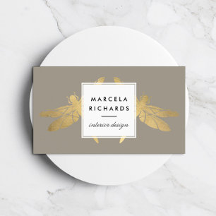 Elegant Faux Gold Dragonfly Duo on Taupe Business Card