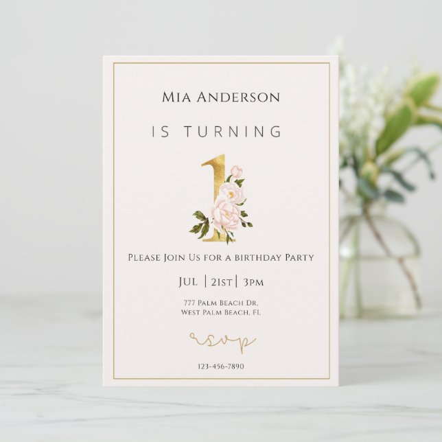 Elegant Faux Gold Floral Minimal 1st Birthday  Invitation (Standing Front)