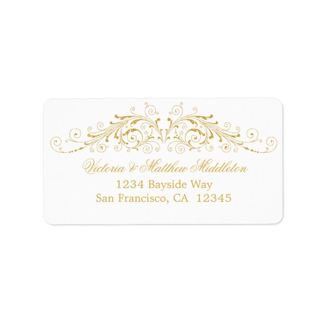 Elegant Faux Gold Flourish Damask Label (Front)