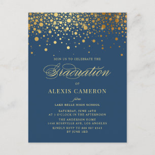Elegant Faux Gold Foil Confetti Blue Graduation Invitation Postcard