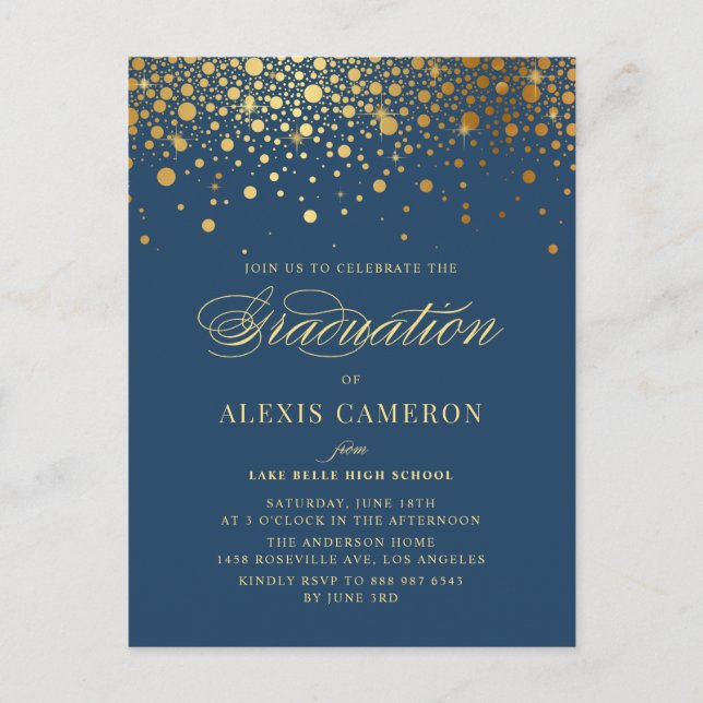 Elegant Faux Gold Foil Confetti Blue Graduation Invitation Postcard (Front)