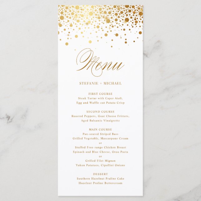 Elegant Faux Gold Foil Confetti Wedding Menu (Front)