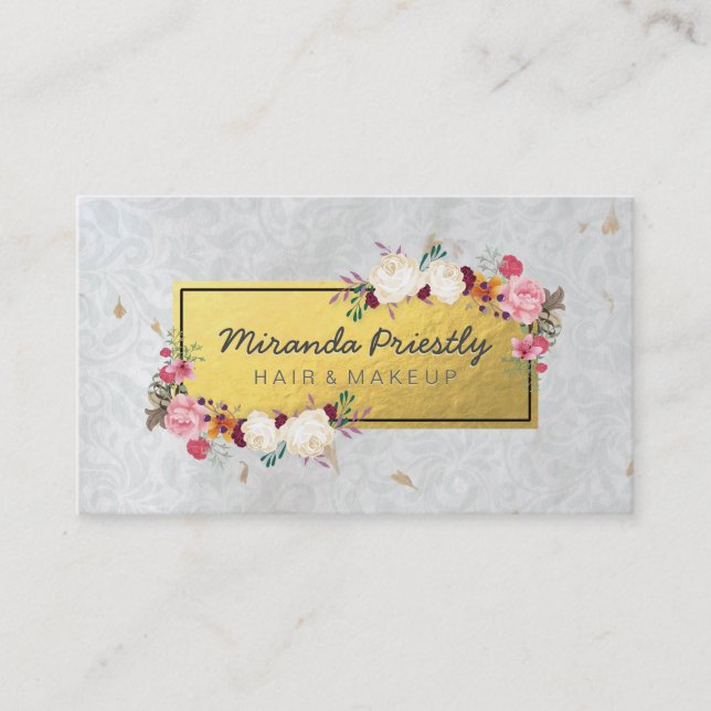 Elegant Faux Gold Foil Damask Floral Makeup Artist Business Card (Front)