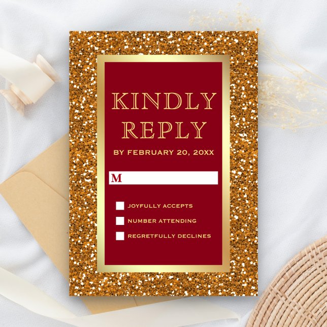 Elegant Faux Gold Foil Glitter Maroon Red Wedding RSVP Card (Creator Uploaded)