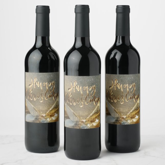 Elegant Faux Gold Foil Script Happy Christmas Wine Label (Bottles)