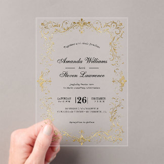 Elegant faux gold frame calligraphy wedding acrylic invitations