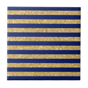Elegant Faux Gold Glitter and Blue Stripe Pattern Ceramic Tile