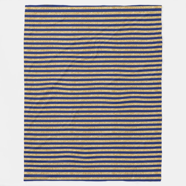 Elegant Faux Gold Glitter and Blue Stripe Pattern Fleece Blanket (Front)