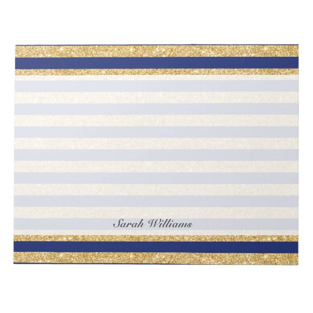 Elegant Faux Gold Glitter and Blue Stripe Pattern Notepad (Front)