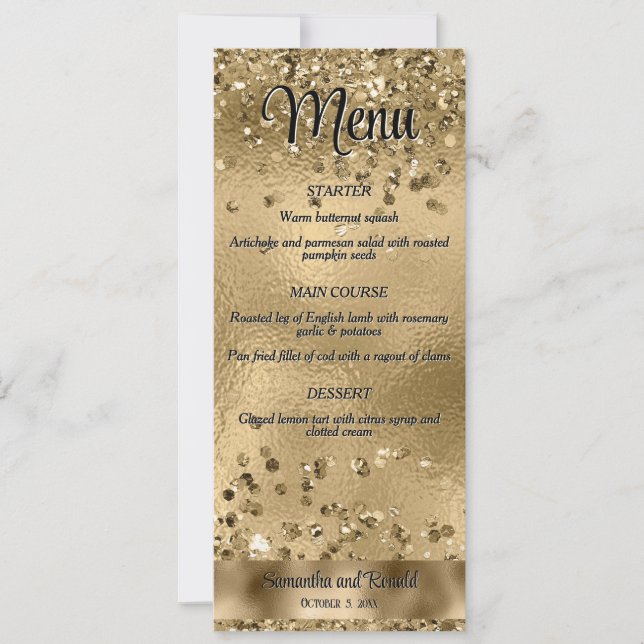 Elegant Faux Gold Glitter and Foil Wedding Menu Invitation (Front)