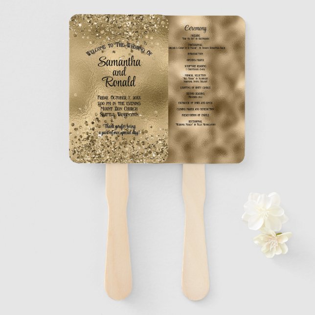 Elegant Faux Gold Glitter and Foil Wedding Program Hand Fan (Front and Back)