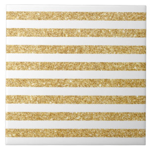 Elegant Faux Gold Glitter and White Stripe Pattern Ceramic Tile