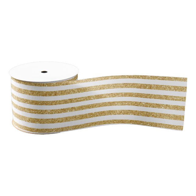 Elegant Faux Gold Glitter and White Stripe Pattern Grosgrain Ribbon (Spool)