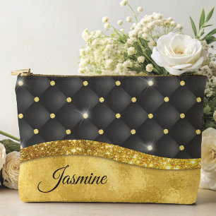 Elegant faux Gold glitter black diamond monogram Accessory Pouch