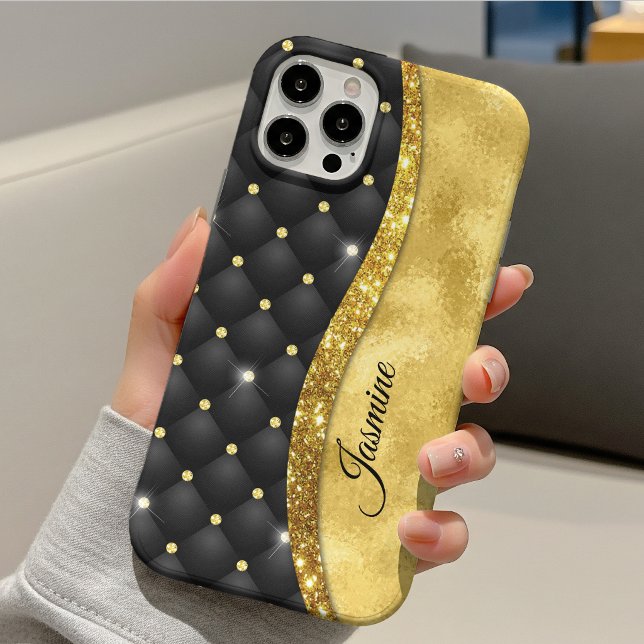 Elegant faux Gold glitter black diamond monogram Case-Mate iPhone Case (Creator Uploaded)