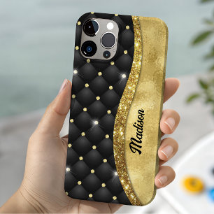 Elegant faux Gold glitter black diamond monogram iPhone 15 Case