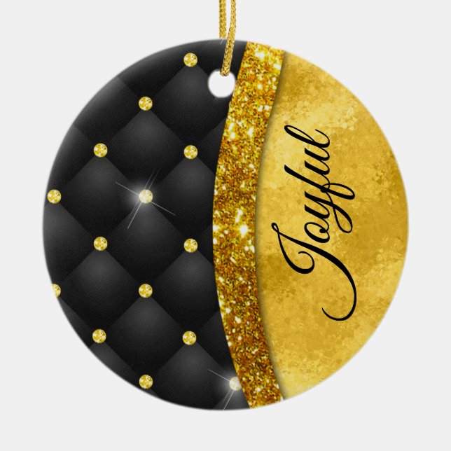 Elegant faux Gold glitter black diamond monogram  Ceramic Ornament (Front)