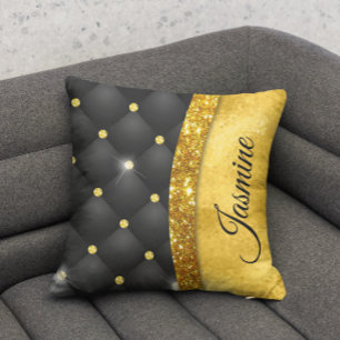 Elegant faux Gold glitter black diamond monogram Cushion