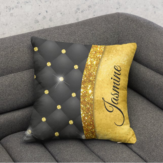 Elegant faux Gold glitter black diamond monogram Cushion (Creator Uploaded)