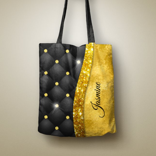 Elegant faux Gold glitter black diamond monogram Tote Bag (Creator Uploaded)