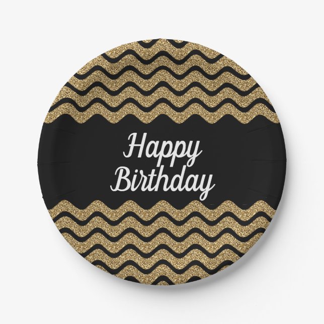 Elegant Faux Gold Glitter Black Stripes Birthday Paper Plate (Front)