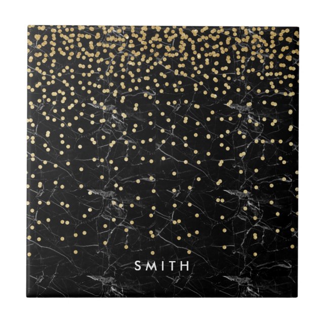 elegant faux gold glitter confetti black marble ceramic tile (Front)