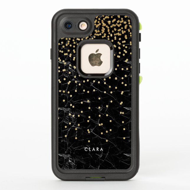 elegant faux gold glitter confetti black marble LifeProof iPhone case (Back)
