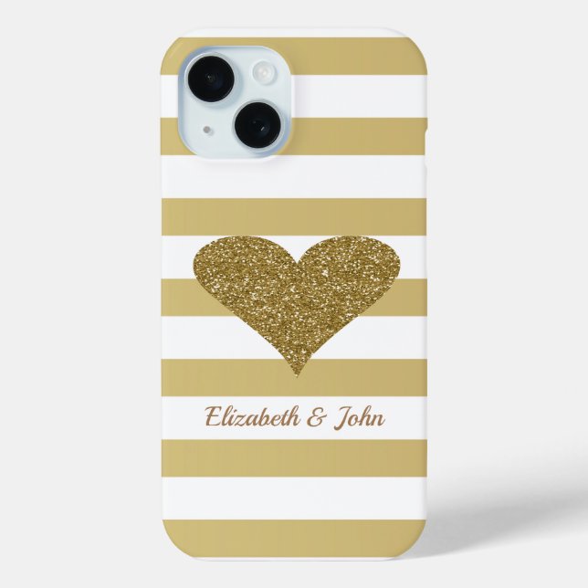 Elegant Faux Gold Glittery  Heart On Stripes Case-Mate iPhone Case (Back)
