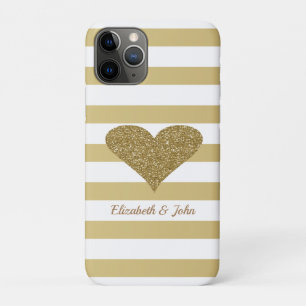 Elegant Faux Gold Glittery  Heart On Stripes iPhone 11 Pro Case