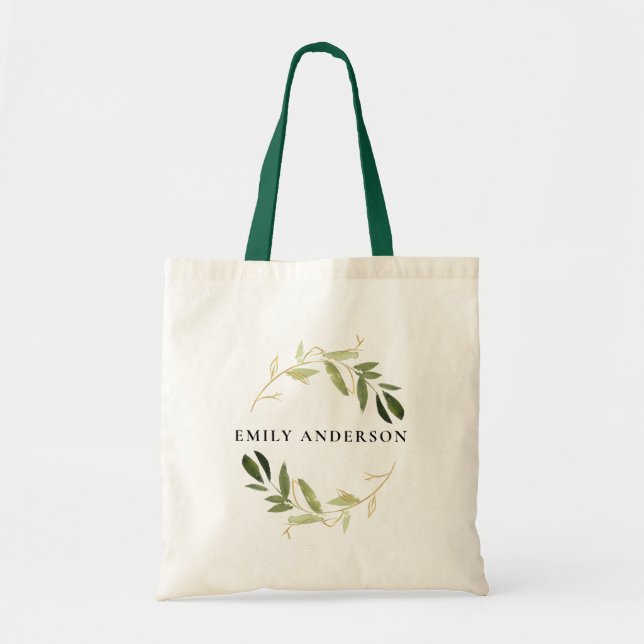 ELEGANT FAUX GOLD GREEN FOLIAGE WATERCOLOR WREATH TOTE BAG (Front)