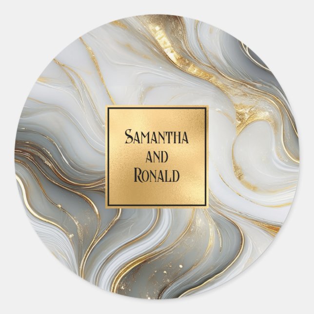 Elegant Faux Gold, Grey White Marbled Wedding Classic Round Sticker (Front)