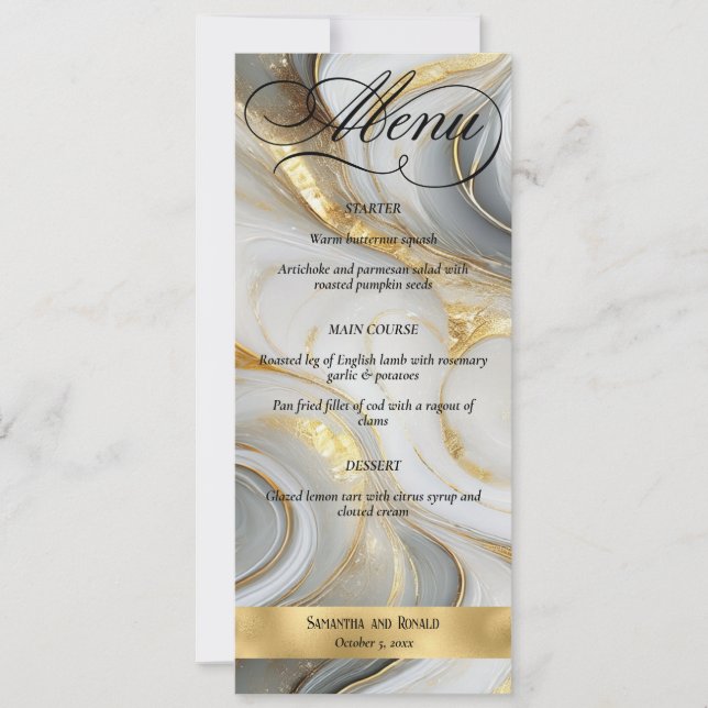 Elegant Faux Gold Grey White Marbled Wedding Menu Invitation (Front)