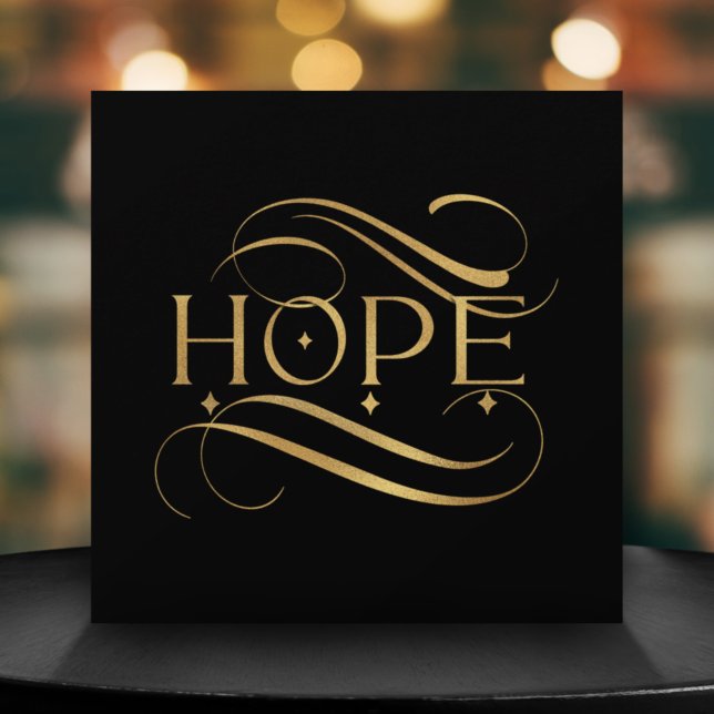 Elegant Faux Gold Hope Calligraphy Script on Black Holiday Card (Creator Uploaded)