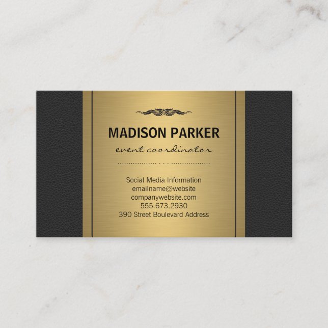 Elegant Faux Gold Label Leather Business Card (Front)