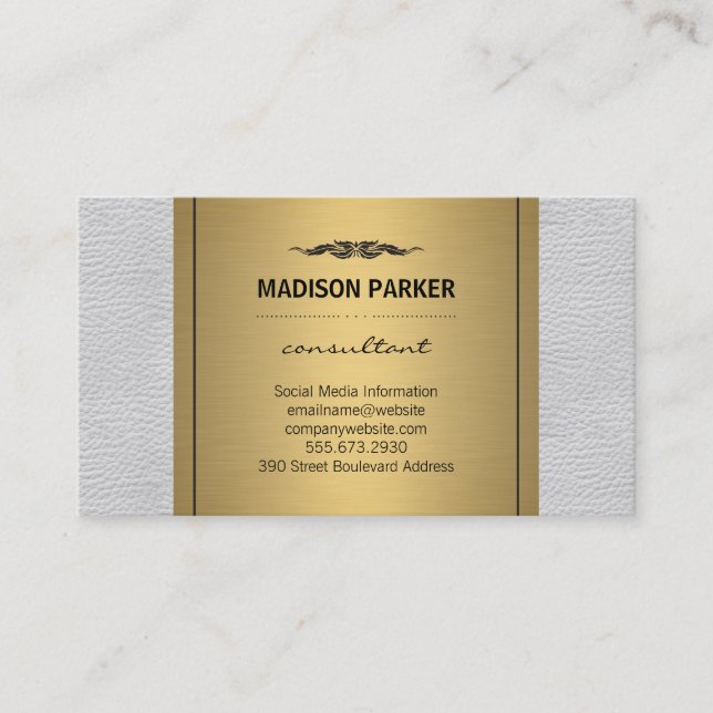 Elegant Faux Gold Label White Leather Business Card (Front)