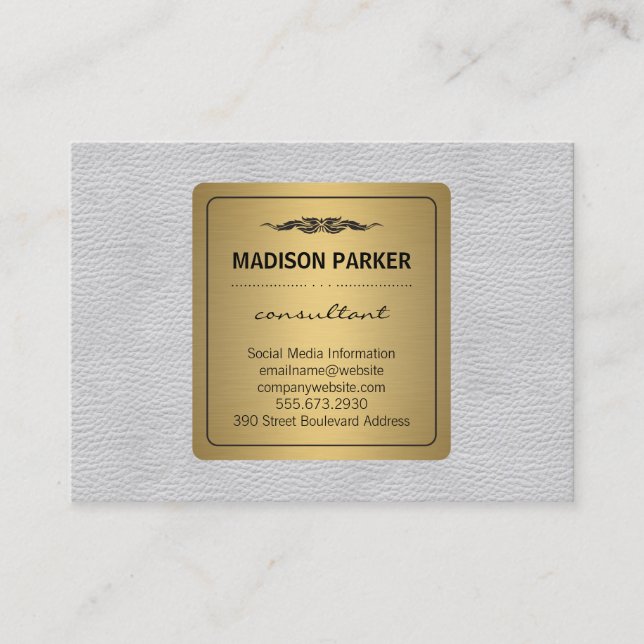 Elegant Faux Gold Label White Leather Business Card (Front)