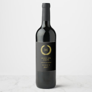 Elegant Faux Gold Laurel Wreath on Black   Wedding Wine Label