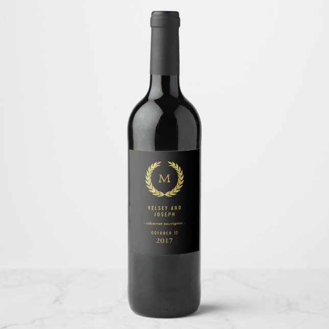 Elegant Faux Gold Laurel Wreath on Black | Wedding Wine Label (Front)