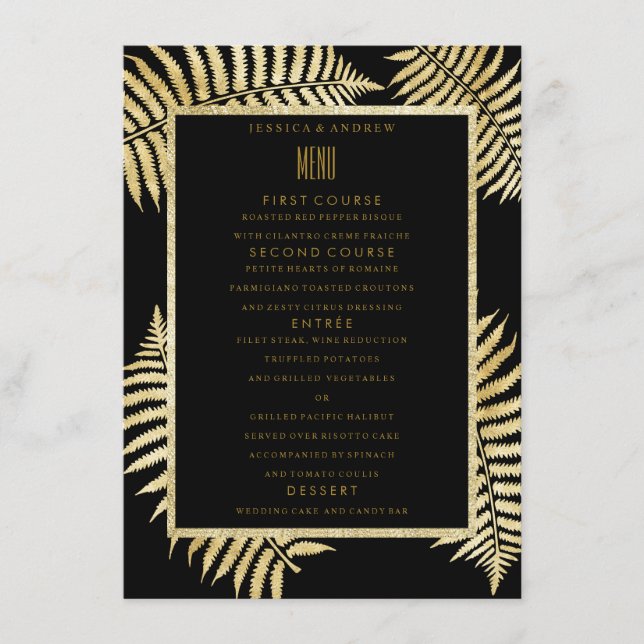 Elegant Faux Gold Leaf Bracken Wedding Menu (Front)