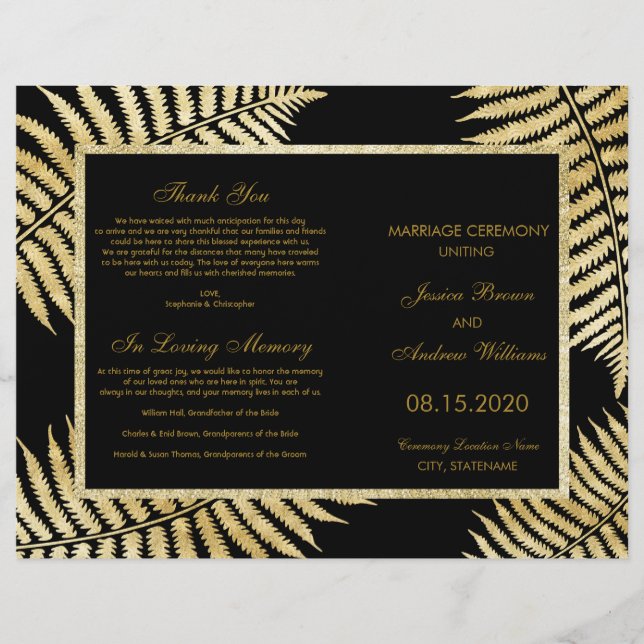 Elegant Faux Gold Leaf Bracken Wedding Program (Front)