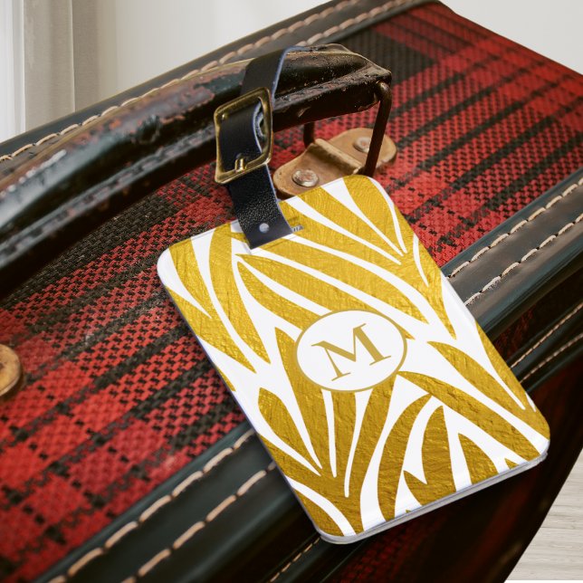 Elegant Faux Gold Leaf White Monogrammed Luggage Tag (An elegant monogrammed luggage tag with faux gold leaves pattern)