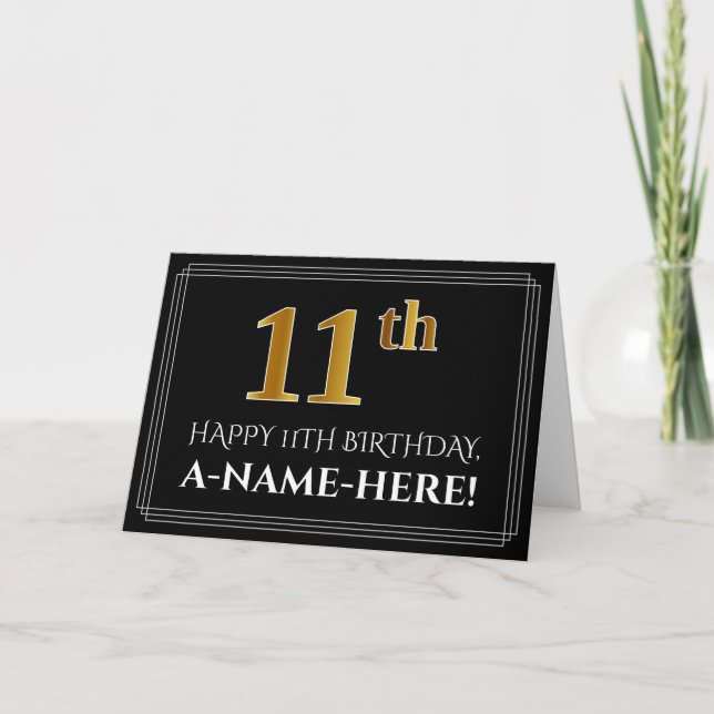 Elegant Faux Gold Look "11th" Birthday + Name Card (Front)