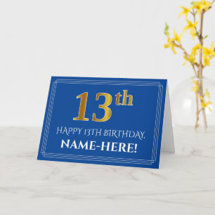Elegant Faux Gold Look 13th Birthday, Name (Blue) Card