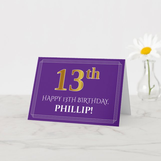 Elegant Faux Gold Look 13th Birthday, Name; Purple Card (Small Plant)