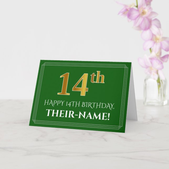 Elegant Faux Gold Look 14th Birthday, Name (Green) Card (Orchid)