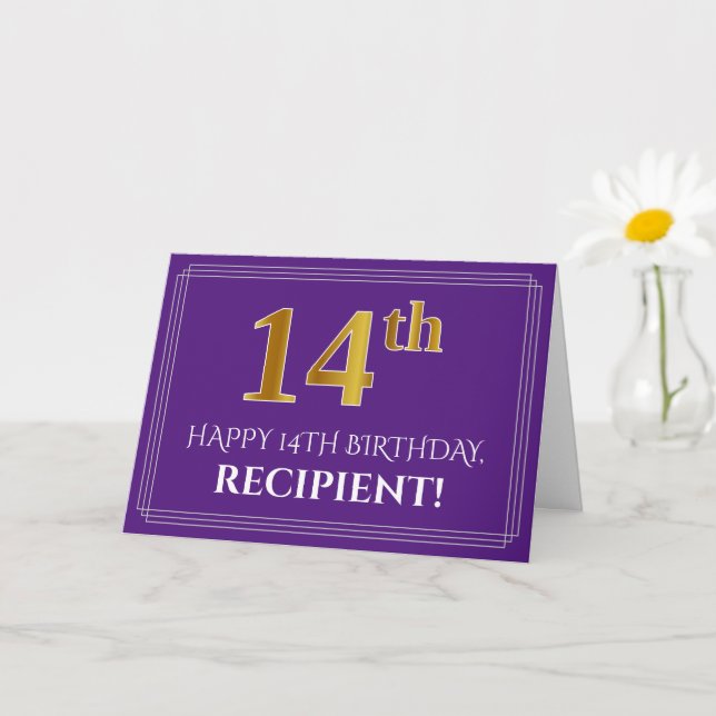 Elegant Faux Gold Look 14th Birthday, Name; Purple Card (Small Plant)
