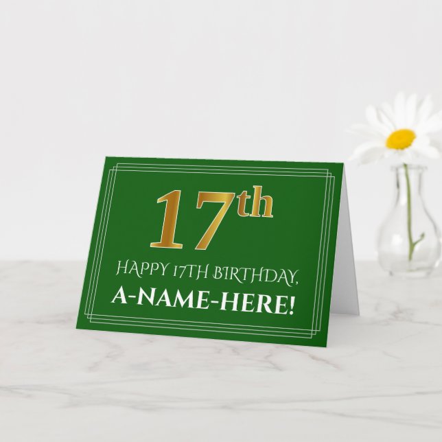 Elegant Faux Gold Look 17th Birthday, Name (Green) Card (Small Plant)