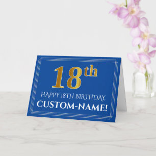 Elegant Faux Gold Look 18th Birthday, Name (Blue) Card