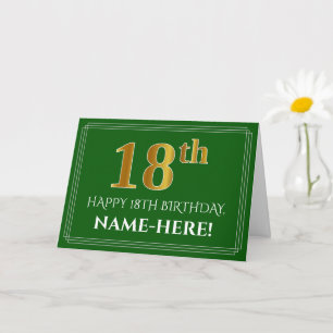 Elegant Faux Gold Look 18th Birthday, Name (Green) Card