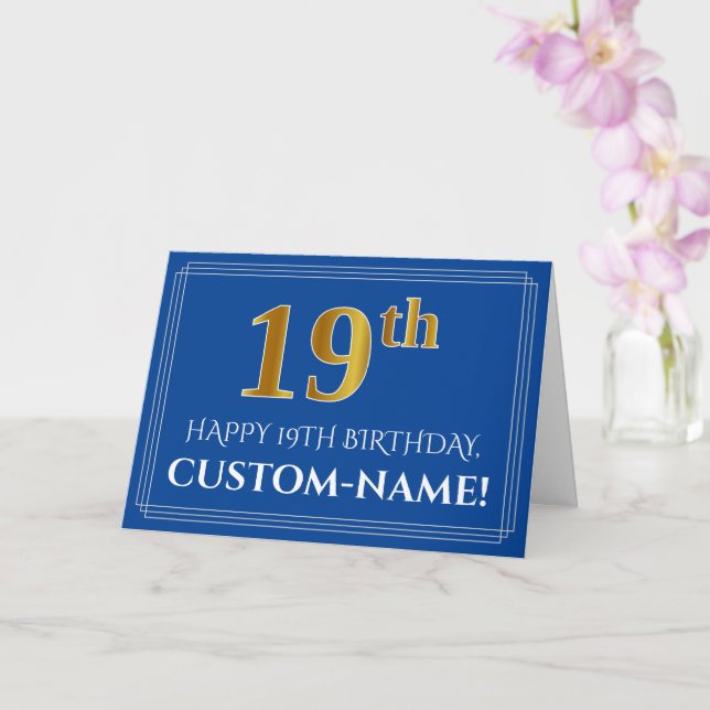 Elegant Faux Gold Look 19th Birthday, Name (Blue) Card (Orchid)